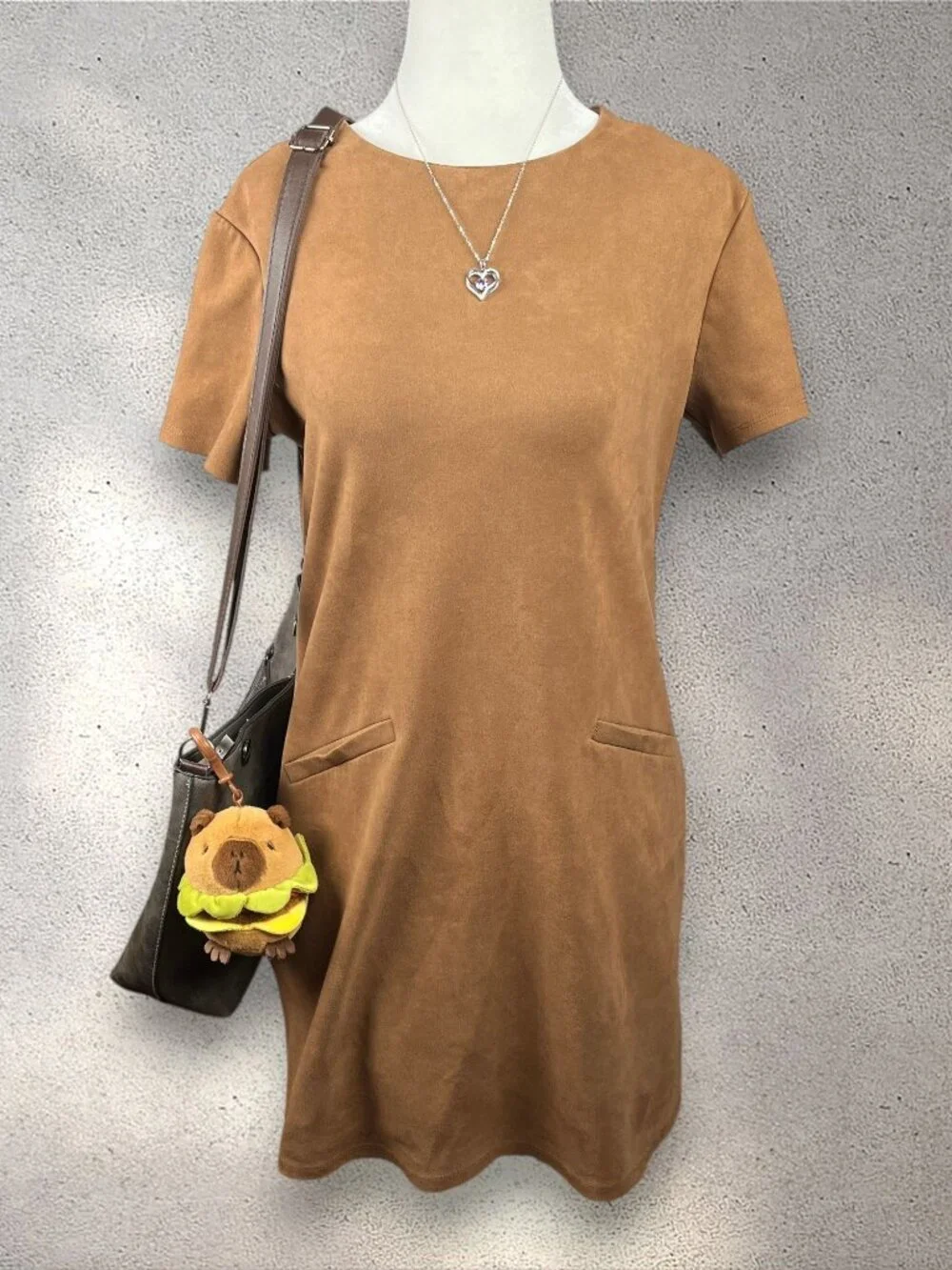 WAYF Fox Catcher Faux Suede Dress Women's S Tan Mini Shift Autumn Party Bohemian